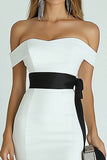 White and Black Tea-Length Mermaid Satin Engagement Dress with Slit