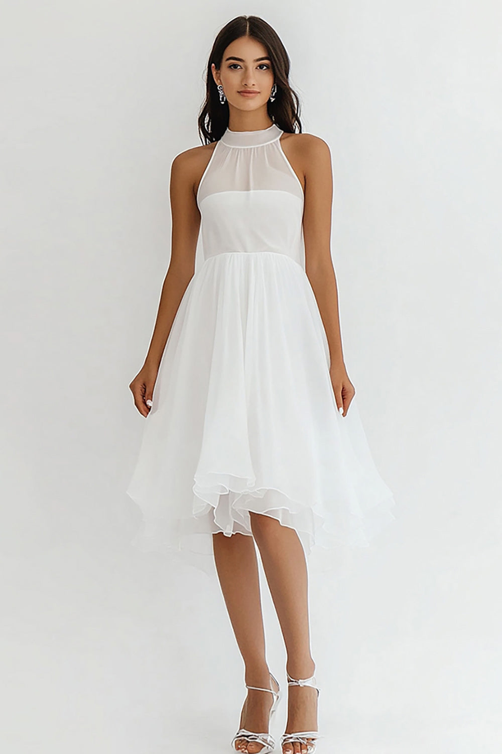 White High Neck Chiffon Midi A Line Graduation Dress