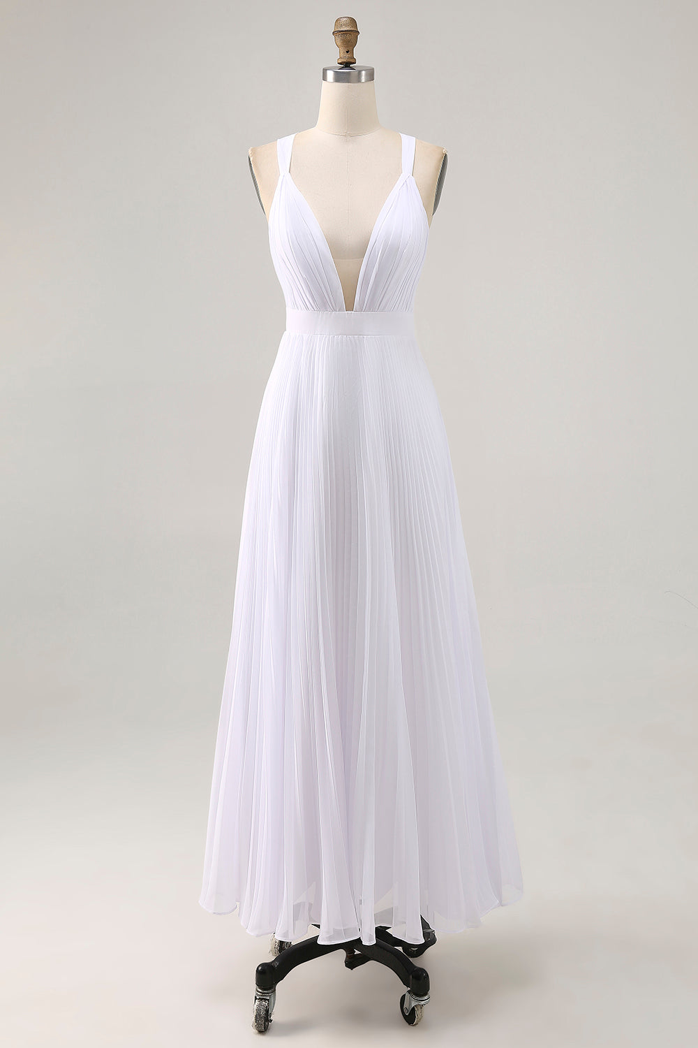 White V-Neck Maxi A Line Chiffon Pleated Engagement Dress