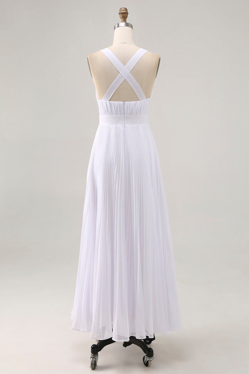 White V-Neck Maxi A Line Chiffon Pleated Engagement Dress