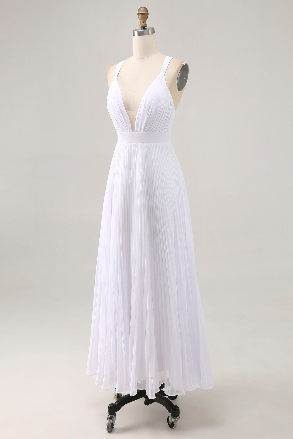 White V-Neck Maxi A Line Chiffon Pleated Engagement Dress