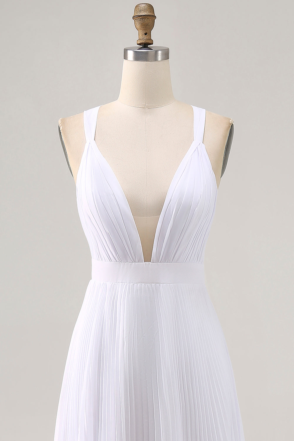 White V-Neck Maxi A Line Chiffon Pleated Engagement Dress