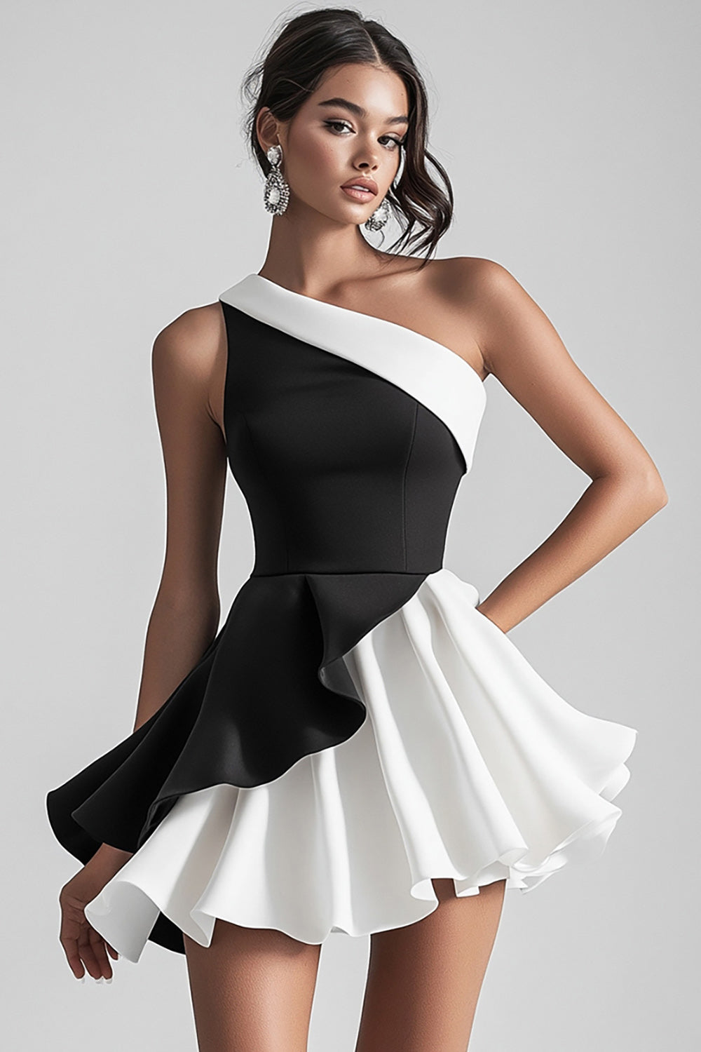 Black and White Satin One Shoulder A Line Mini Graduation Dress
