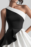 Black and White Satin One Shoulder A Line Mini Graduation Dress