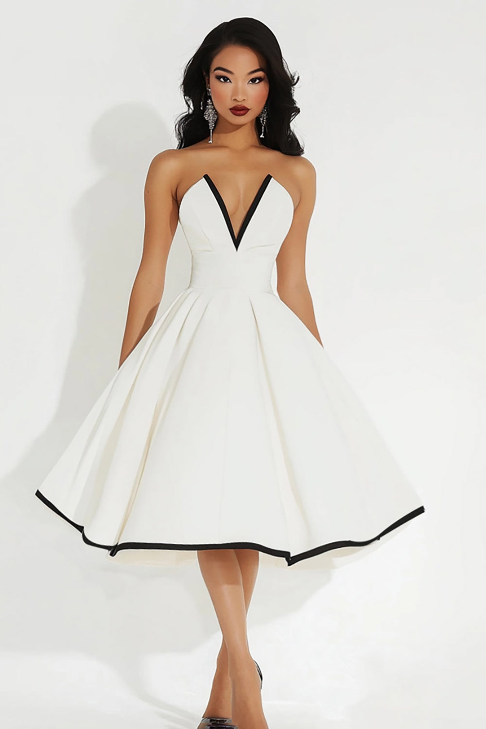 White Midi V Neck A Line Graduation Dress