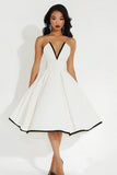 White Midi V Neck A Line Graduation Dress
