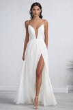 White Maxi Chiffon A Line Engagement Dress with Slit