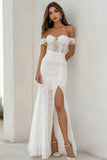 White Lace Maxi Mermaid Engagement Dress with Slit