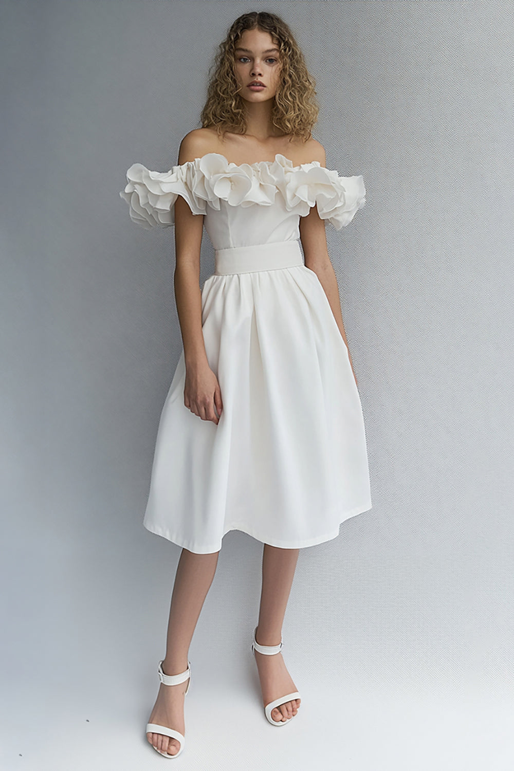 White Off the Shoulder A Line Midi Graduation Dress with Ruffles