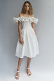 White Off the Shoulder A Line Midi Graduation Dress with Ruffles