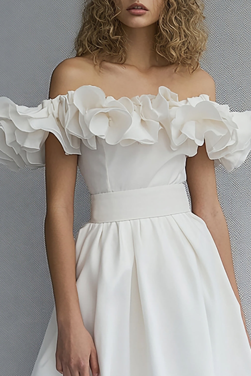 White Off the Shoulder A Line Midi Graduation Dress with Ruffles