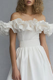 White Off the Shoulder A Line Midi Graduation Dress with Ruffles