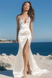 White Mermaid Spaghetti Straps Satin Maxi Rehearsal Dinner Dress with Slit