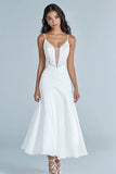 A Line White Satin Maxi Rehearsal Dinner Dress with Appliques