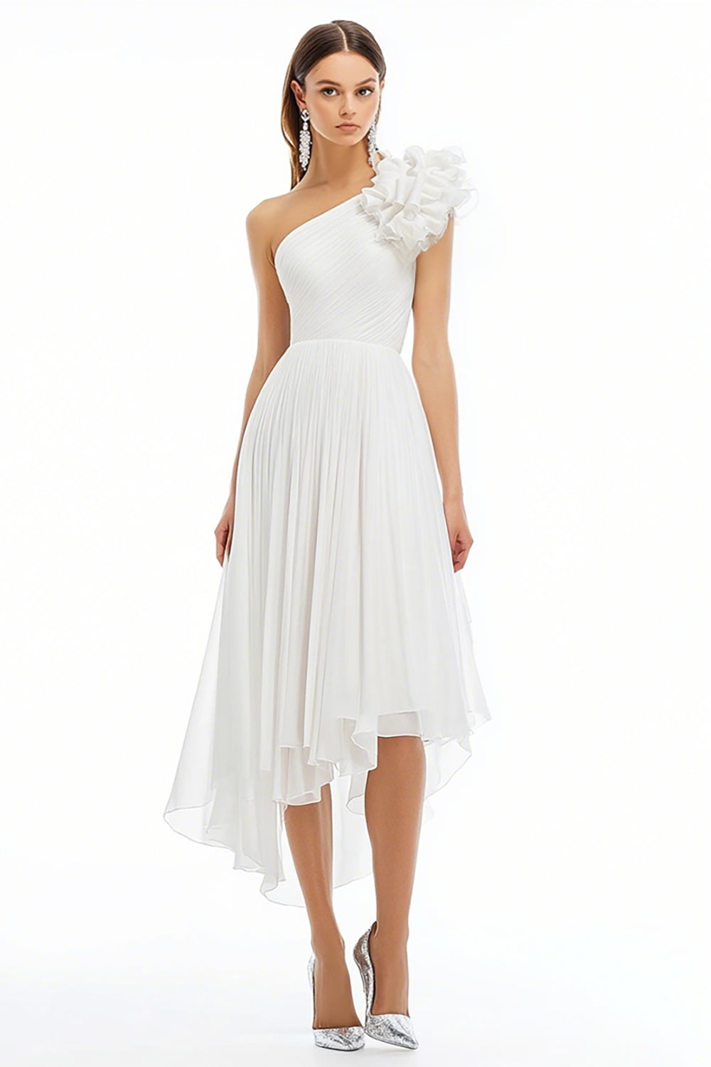 White A Line One Shoulder Chiffon Pleated Midi Graduation Dress with Ruffles
