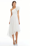 White A Line One Shoulder Chiffon Pleated Midi Graduation Dress with Ruffles