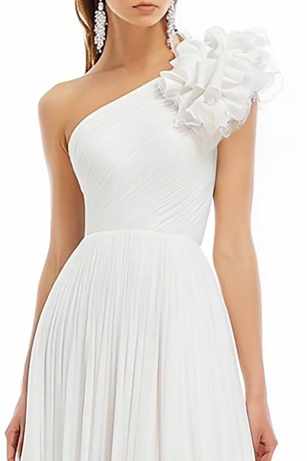 White A Line One Shoulder Chiffon Pleated Midi Graduation Dress with Ruffles