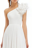 White A Line One Shoulder Chiffon Pleated Midi Graduation Dress with Ruffles