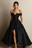 Black A Line Off the Shoulder Satin Maxi Formal Dress with Slit
