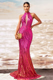 Sparkly Fuchsia Mermaid Sequin Maxi Prom Dress with Keyhole