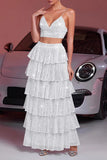 Sparkly White Sequin Two Piece Maxi Prom Dress with Ruffles