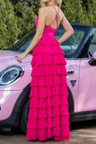 Sparkly Fuchsia Tiered Satin Ruffled Maxi Prom Dress with Flower