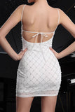 Sparkly White Spaghetti Straps Tight Mini Prom Dress with Pearls