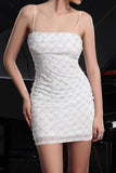 Sparkly White Spaghetti Straps Tight Mini Prom Dress with Pearls