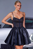 Sparkly Navy A Line Satin Corset Mini Prom Dress with Rhinestone