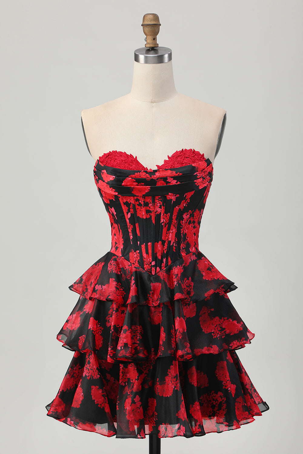 Black and Red Floral Corset Sweetheart Short Prom Dress with Ruffles