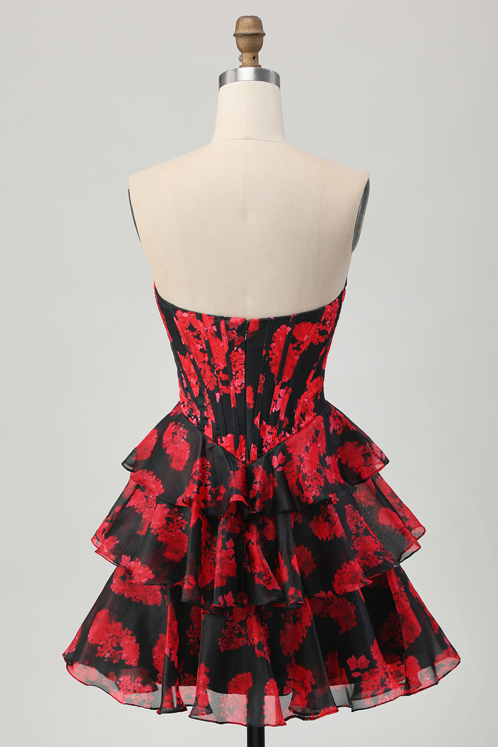 Black and Red Floral Corset Sweetheart Short Prom Dress with Ruffles