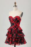 Black and Red Floral Corset Sweetheart Short Prom Dress with Ruffles