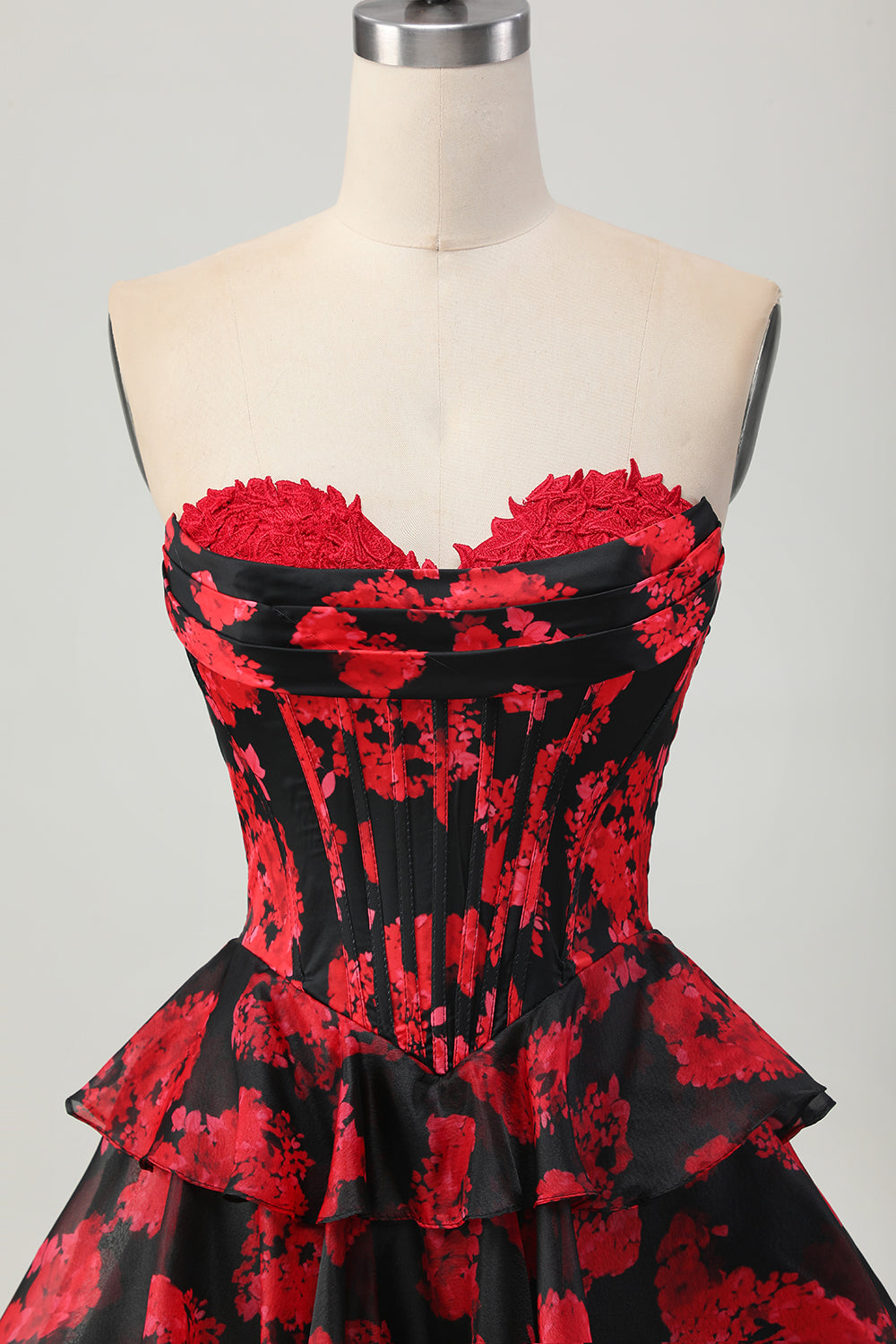 Black and Red Floral Corset Sweetheart Short Prom Dress with Ruffles