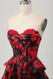 Black and Red Floral Corset Sweetheart Short Prom Dress with Ruffles