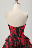 Black and Red Floral Corset Sweetheart Short Prom Dress with Ruffles
