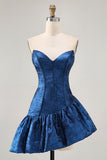 Dark Blue Metallic Strapless Corset Asymmetrical Cocktail Dress