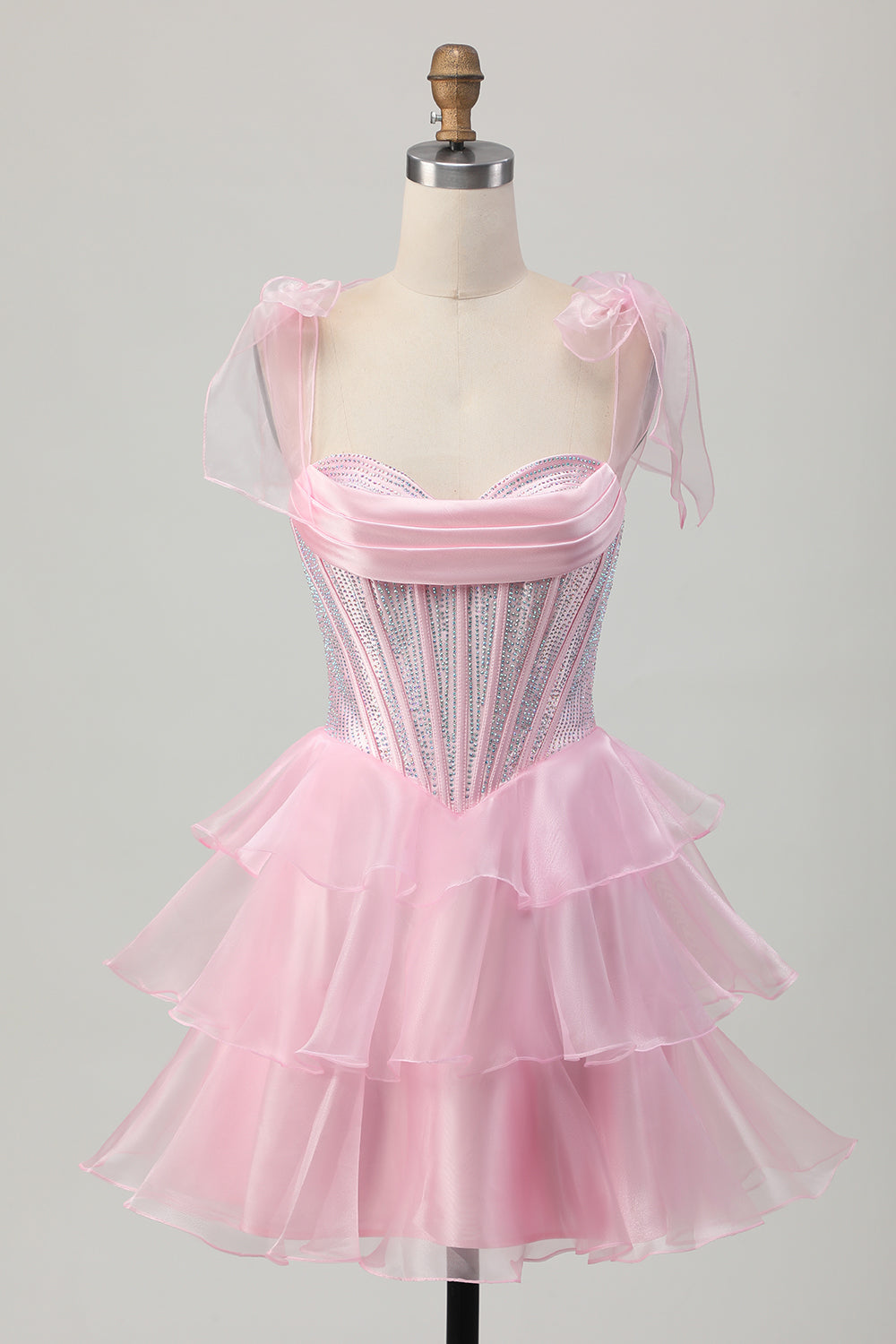 Sparkly Pink Corset Tiered Ruffled Short Prom Dress with Beading