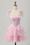 Sparkly Pink Corset Tiered Ruffled Short Prom Dress with Beading