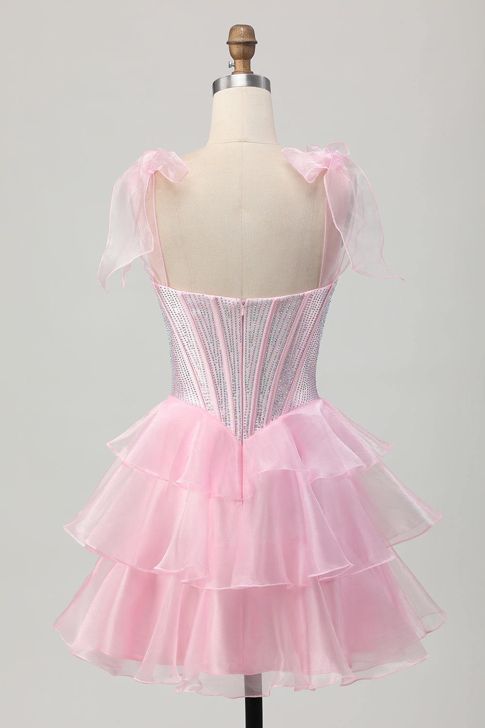 Sparkly Pink Corset Tiered Ruffled Short Prom Dress with Beading