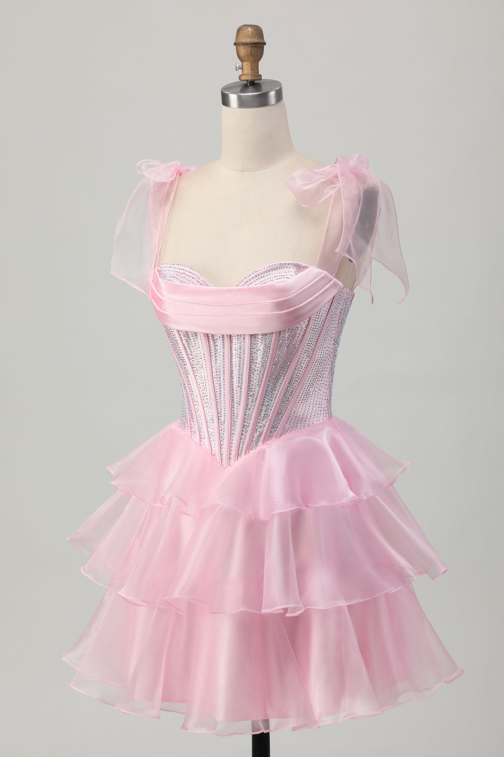 Sparkly Pink Corset Tiered Ruffled Short Prom Dress with Beading