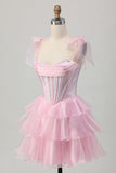 Sparkly Pink Corset Tiered Ruffled Short Prom Dress with Beading