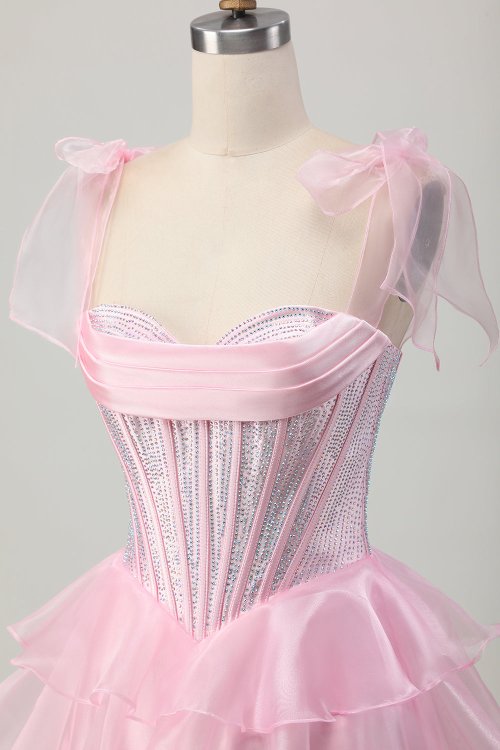 Sparkly Pink Corset Tiered Ruffled Short Prom Dress with Beading