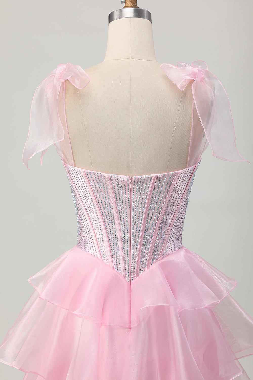Sparkly Pink Corset Tiered Ruffled Short Prom Dress with Beading