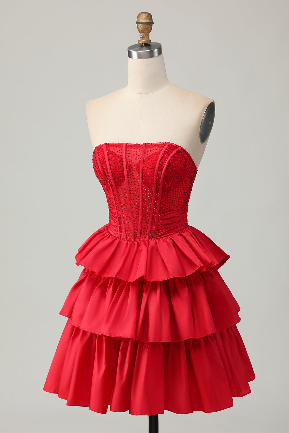 Sparkly Red Ruffled Corset A Line Short Prom Dress with Bow