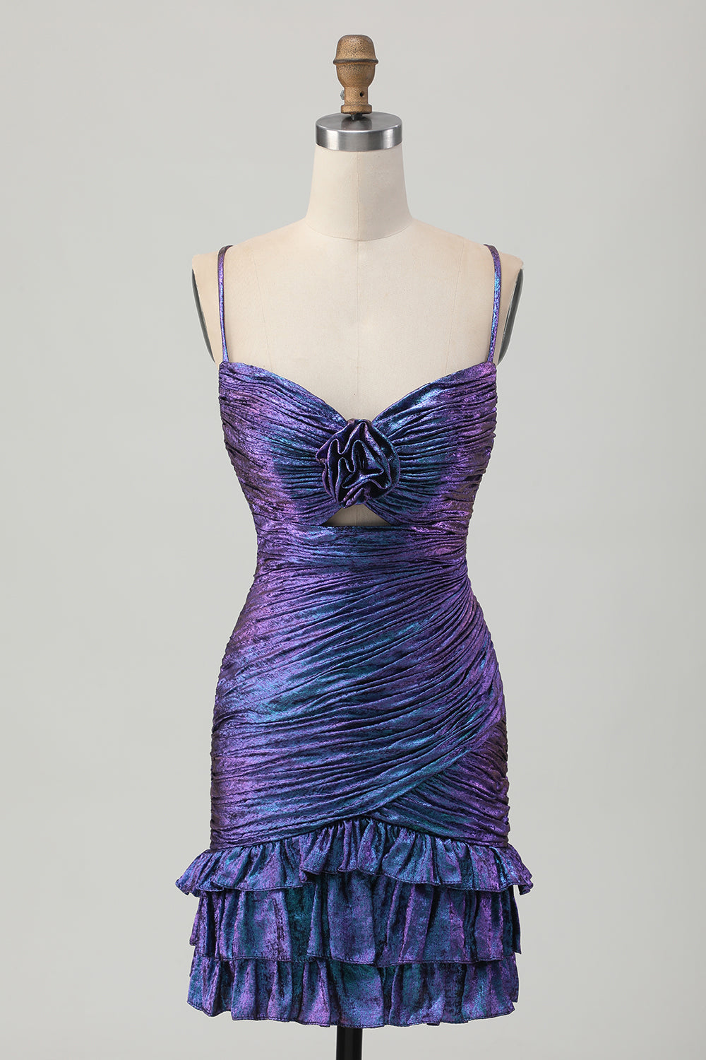Tight Blue and Purple Metallic Floral Short Prom Dress with Ruffles