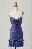 Tight Blue and Purple Metallic Floral Short Prom Dress with Ruffles