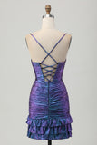Tight Blue and Purple Metallic Floral Short Prom Dress with Ruffles