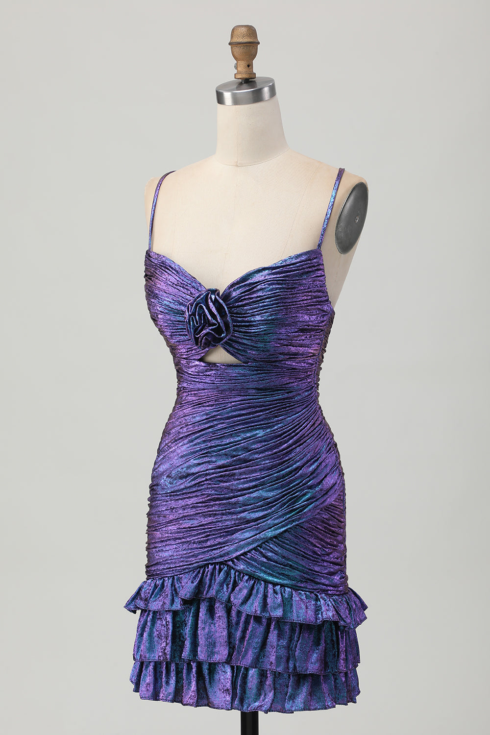 Tight Blue and Purple Metallic Floral Short Prom Dress with Ruffles