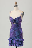 Tight Blue and Purple Metallic Floral Short Prom Dress with Ruffles