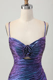Tight Blue and Purple Metallic Floral Short Prom Dress with Ruffles